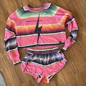 Aviator Nation Pink and Multicolor Striped Pajama Set S
